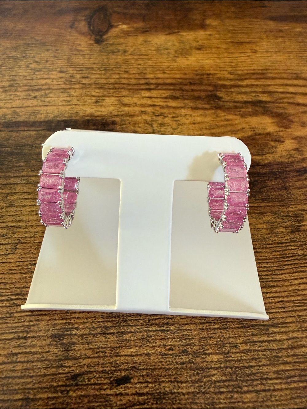 Silver-Tone Pink Crystal Hoop Earrings
